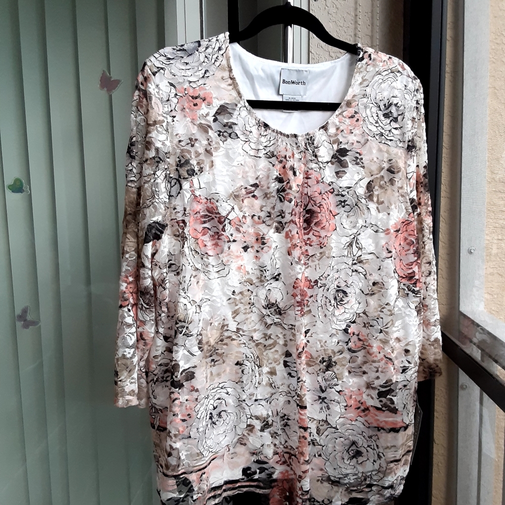 Bon Worth Lace 3/4 Sleeve  Blouse,  Size XL